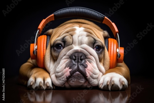 Portrait of a beautiful cheerful dog listening to music on headphones. Creativity and relaxation. © koplesya