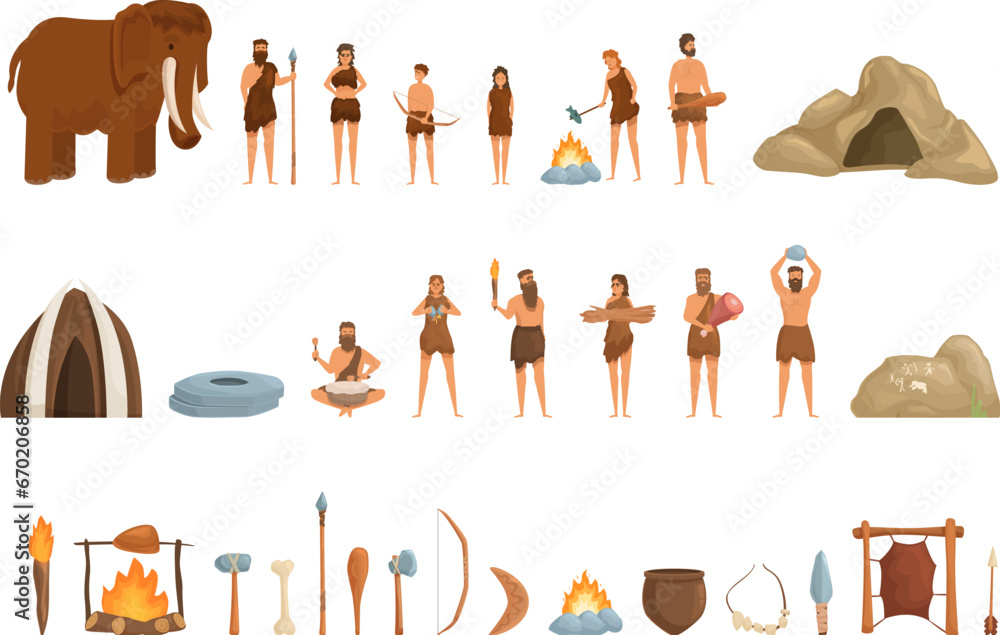 Ancient era family icons set cartoon vector. Age cave primitive. Fire person - obrazy, fototapety, plakaty 