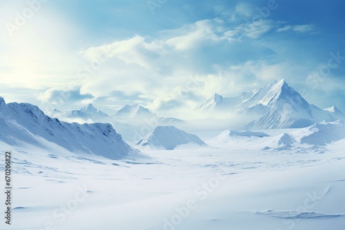 Breathtaking snowy landscape showcasing majestic white hills and mountains. Generative AI