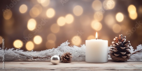 A simple arrangement of a candle and pine cones on a table. This image can be used for various purposes  such as home decor  holiday themes  or natural elements in design projects