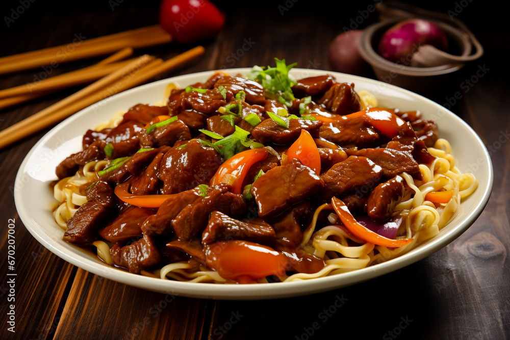 Udon stir fry noodles with pork meat and vegetables in a plate on white wooden background. Asian cuisine. Delicious and healthy food. Udon stir fry noodles with pork meat and vegetables in a plate on white wooden background. Asian cuisine. Delicious and healthy food.
