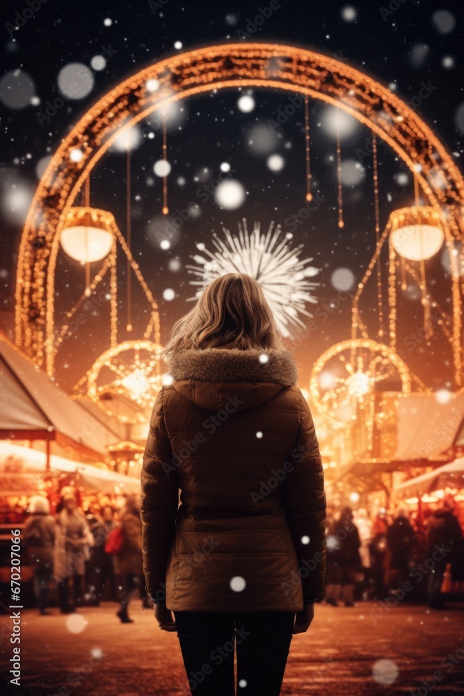 Obraz premium A woman standing confidently in front of a colorful ferris wheel. This image can be used to depict adventure, fun, and enjoyment at a carnival or amusement park