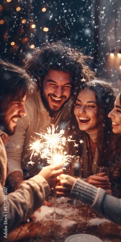 A group of people sitting around a table holding sparklers. This image can be used to depict celebration, togetherness, or festive occasions