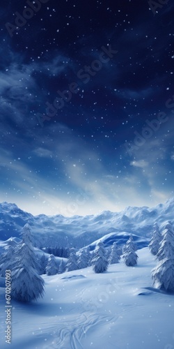 A picturesque snowy landscape with trees in the foreground. Perfect for winter-themed designs and holiday promotions