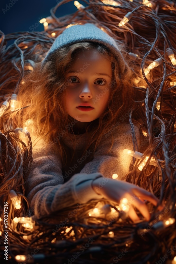 A picture of a little girl lying in a nest of lights. This image can be used to depict the magical atmosphere of the holiday season or to symbolize innocence and wonder. A picture of a little girl lying in a nest of lights. This image can be used to depict the magical atmosphere of the holiday season or to symbolize innocence and wonder.