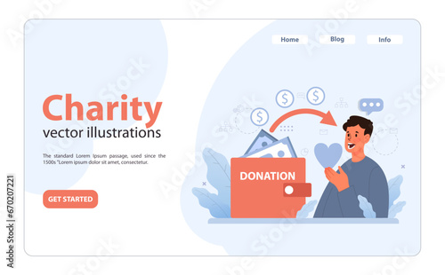 Charity and charitable foundation web banner or landing page. Help for people in need. Humanitarian aid, donations, non-governmental, nonprofit organizations support. Flat vector illustration
