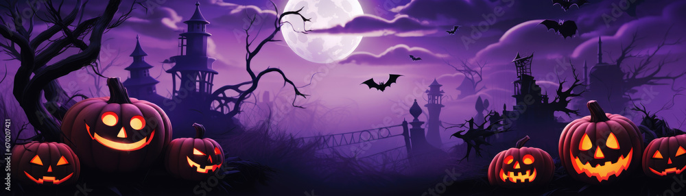 Purple background design with jack o lantern pumpkin faces, flying bats and haunted castle