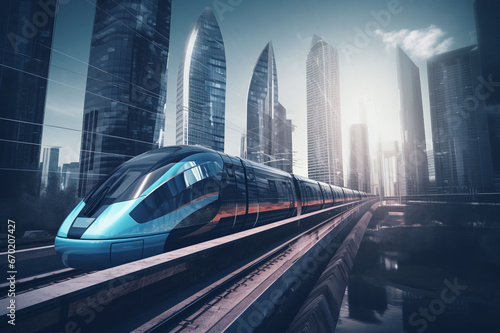 A high-speed train of the future moving along a sky track through the city. Modern city transport. 3D rendering illustration. © Olga