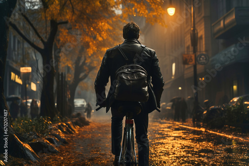 A man riding a bike down a street, going to work.