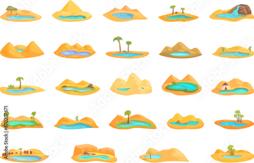 Lake in desert icons set cartoon vector. Palm tree oasis. Water desert land