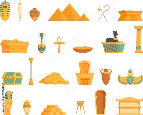 Pharaoh tomb icons set cartoon vector. Ancient pillar pyramid. Pile gold column