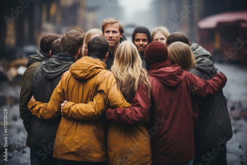 A group of people standing in the middle of a street hugging each other.