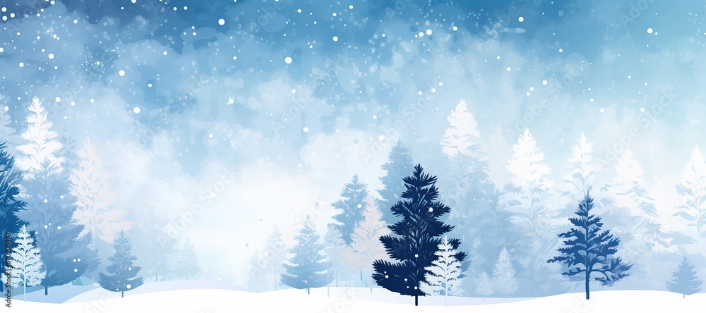 Winter landscape with fir trees in the forest on the background of the cloudy sky in the style of vector graphics