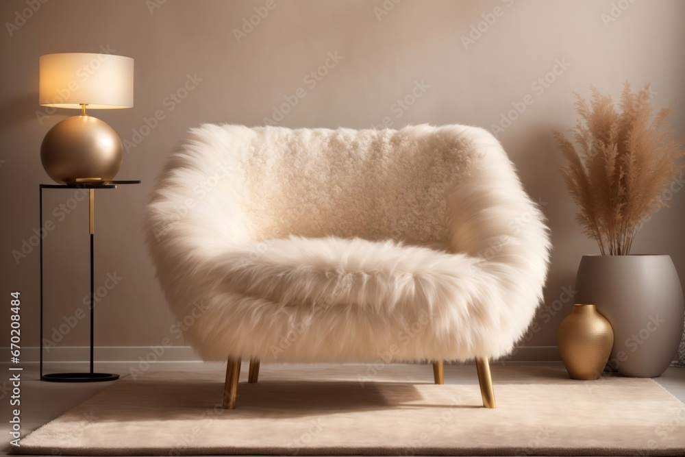 Fluffy fur sheepskin lounge chair on shaggy rug. ai generative Fluffy fur sheepskin lounge chair on shaggy rug. ai generative