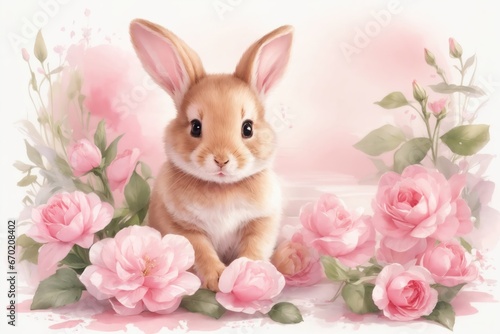 beautiful light watercolor cute baby rabbit with flowers. ai generative © Igor