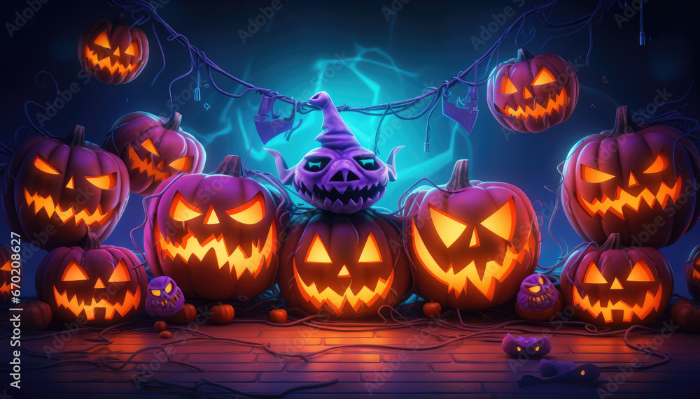 Fototapeta premium Spooky dark halloween background design with neon lights
