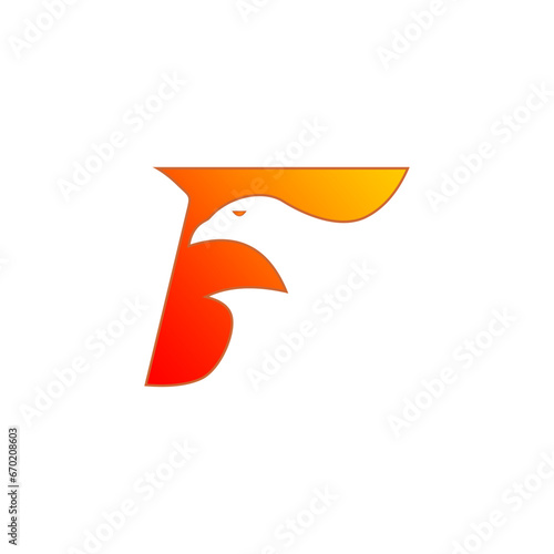 Title: Letter F logo formed negative space of eagle head in orange color