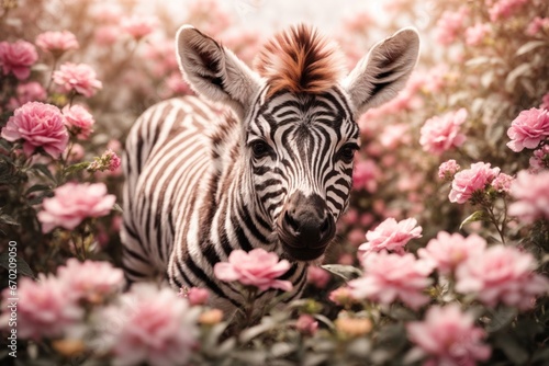 A cute a zebra baby in flowers. ai generative
