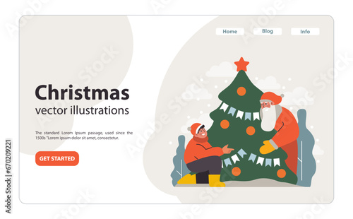 Christmas celebration web banner or landing page. Santa Claus and little boy beside a Christmas tree. Cheerful kid get a present on festive night. Winter holidays traditions. Flat vector illustration © inspiring.team