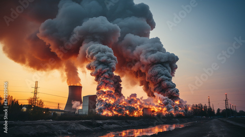 Smokestacks emitting greenhouse gases into the atmosphere, contributing to the greenhouse effect