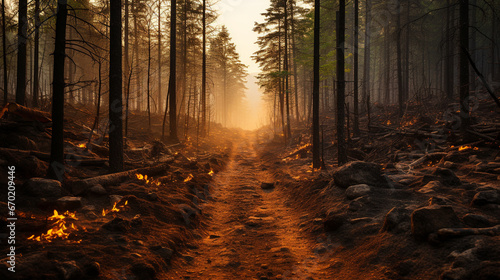 A forest devastated by wildfires, illustrating the increased frequency and intensity of fires due to climate change photo