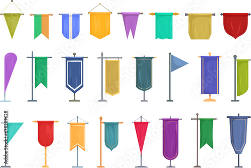 Pennon on pole icons set cartoon vector. Flag royal castle. Fabric pole stand