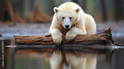 A sad polar bear looking at its reflection in melting ice, reflecting the plight of Arctic wildlife photo