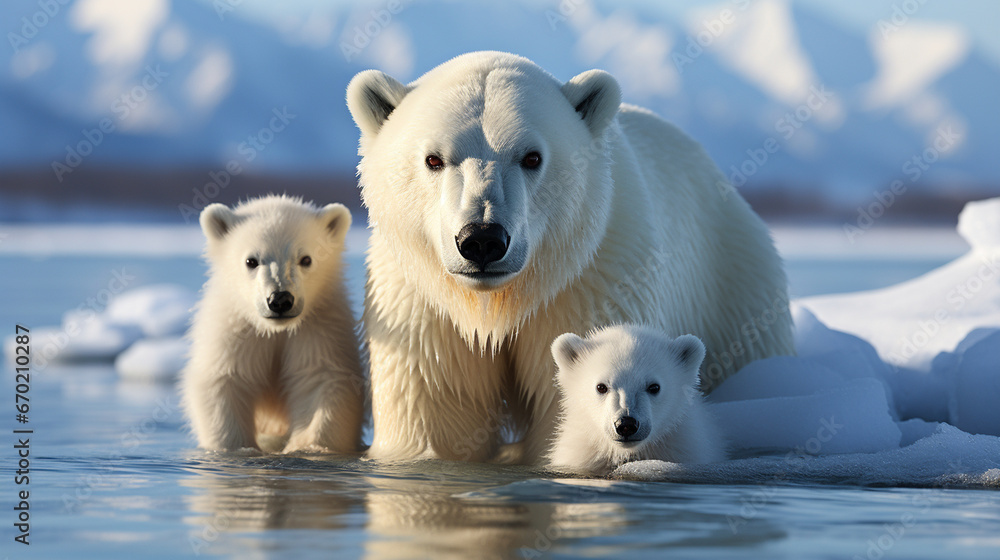 A polar bear family in a shrinking icy world, representing the vulnerability of Arctic species A polar bear family in a shrinking icy world, representing the vulnerability of Arctic species