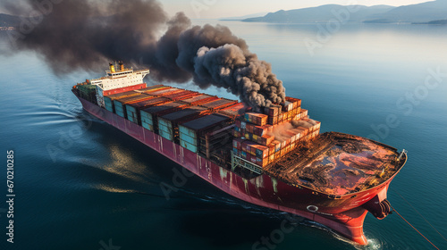 A large container ship polluting the ocean with exhaust emissions, illustrating marine transport's impact