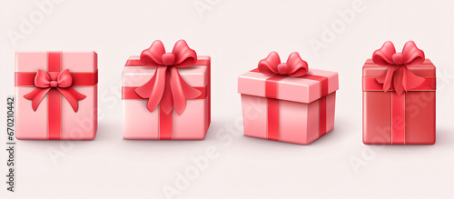 3d red gift boxes open and closed set with pastel pink ribbon bow isolated on a white background. 3d render flying modern holiday surprise box. Realistic vector icon for birthday or wedding banners