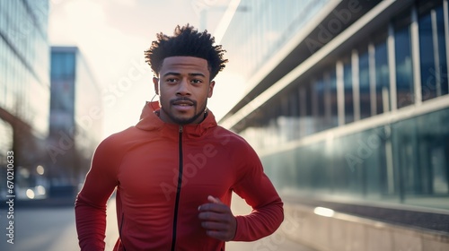 Young African American man is jogging outside
