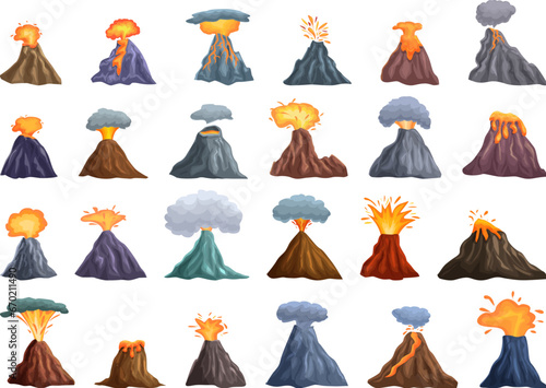 Volcano explosion icons set cartoon vector. Lava eruption explosion. Nature natural stone