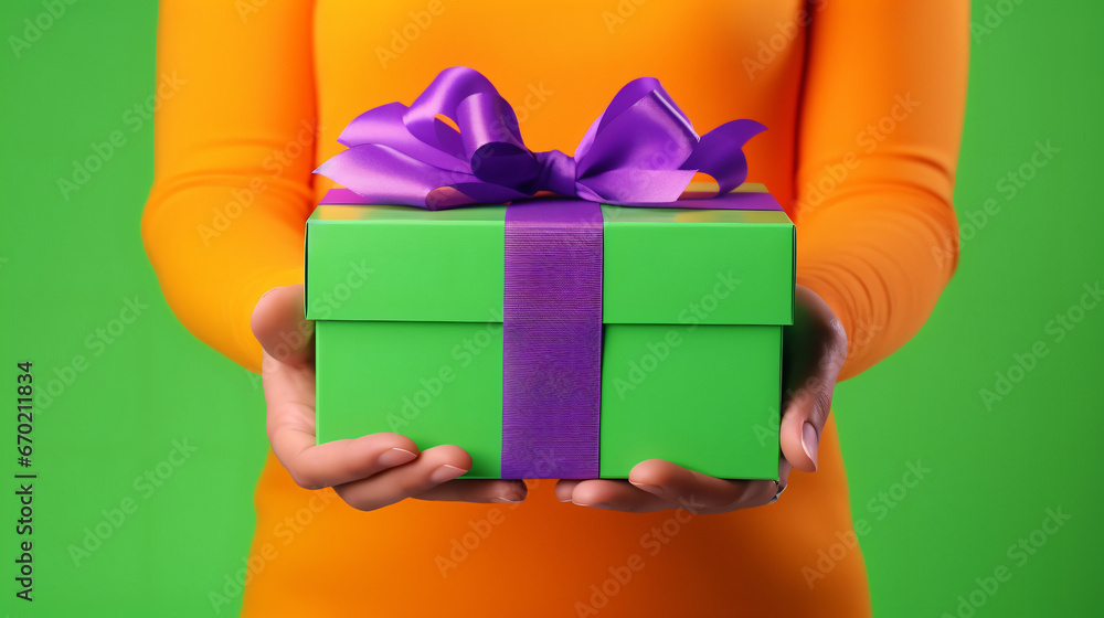 Anonymous person showing bright green carton gift box with ribbon and purple against green background - obrazy, fototapety, plakaty 