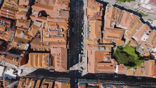 Porto Portugal, Aerial top-down view of the streets of old city Porto. A tourism landmark residential 
