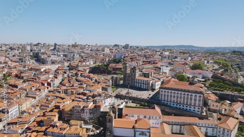 Porto Portugal, Aerial view of the Cathedral of  Porto close to the  Dom Luis I Bridge, the old town, and Douro River, Travel Tourism landmark 