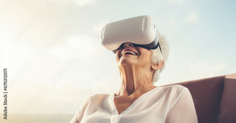 elderly dame deeply engrossed in a virtual reality game, fully immersed in her digital surroundings