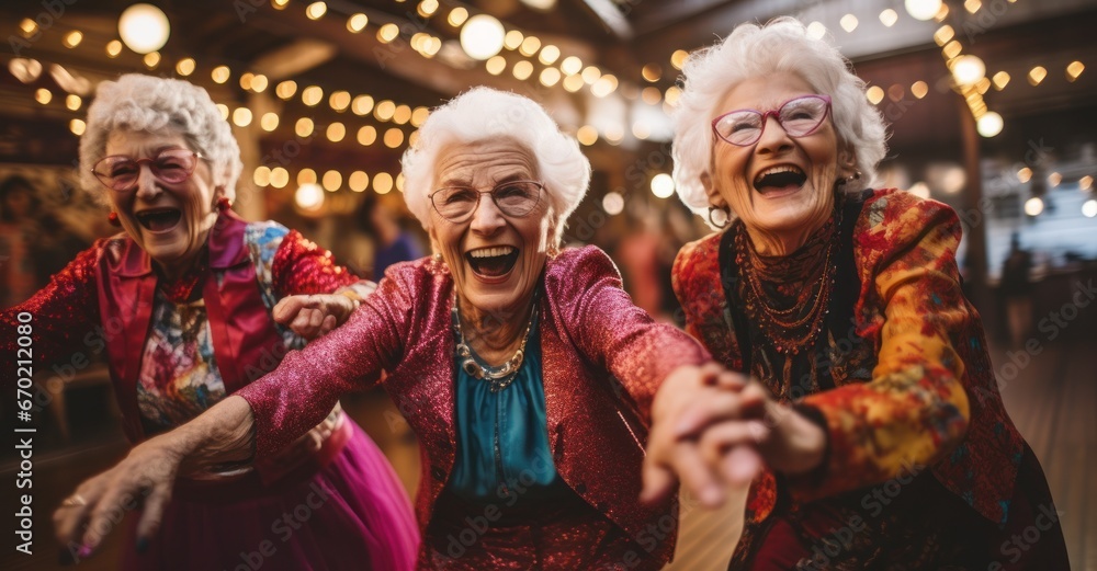 group of older women on roller skates, gleefully racing each other at a brightly lit rink