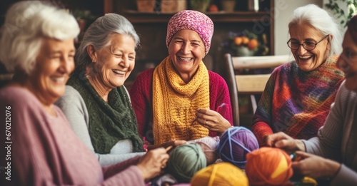 elderly women joyfully crafting together, knitting and sewing amidst colorful fabrics and yarns