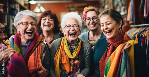 elderly women joyfully crafting together, knitting and sewing amidst colorful fabrics and yarns photo