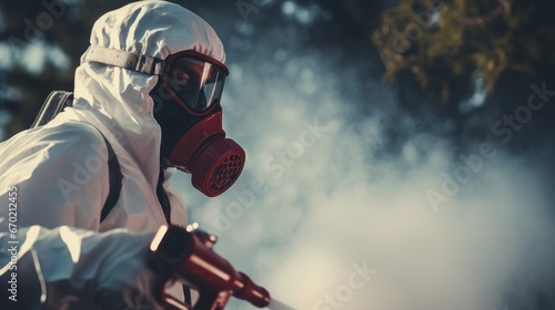 a Professional in a mask and white protective suit sprays toxic gas as part of a pest control service. Cleaning concept. photo