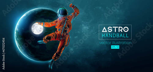 Abstract silhouette of a handball player astronaut in space action and Earth, Moon planets on the background of the space. 3d render. Vector illustration