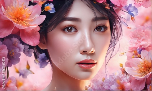 beautiful woman with flower beautiful woman with flower beautiful asian woman with pink flower.