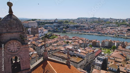 Porto Portugal Houses Aerial view Tourist Attraction Drone Tower Famous Landscape Europe Historic Travel Landmark Old Cityscape City Residential photo