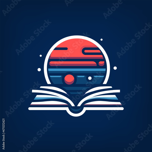 Open book with sunset flat icon. Vector sign for logo concept and illustration. Planet above a book. Stock graphic.