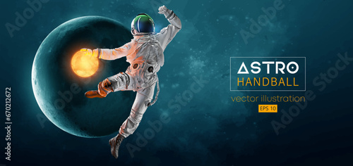 Abstract silhouette of a handball player astronaut in space action and Earth, Moon planets on the background of the space. 3d render. Vector illustration