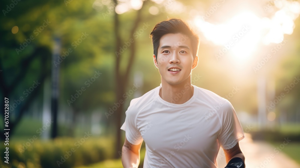 Fototapeta premium Young Asian man is jogging outside