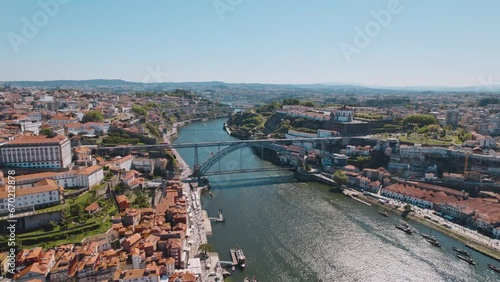 Porto Portugal, Aerial view of the Cathedral of  Porto close to the  Dom Luis I Bridge, the old town, and Douro River, Travel Tourism landmark 