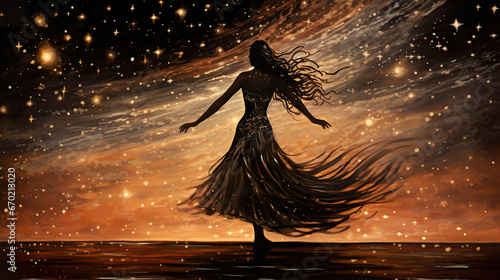 beautiful woman dancing at night, sky full of golden stars © Sternfahrer