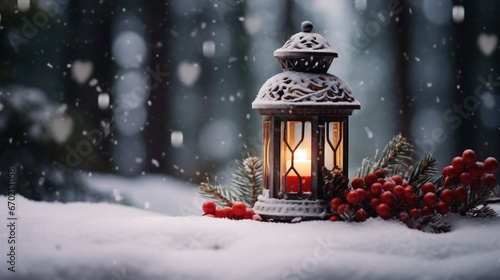 Christmas lantern on snowy table with blurred background