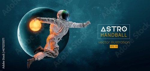 Abstract silhouette of a handball player astronaut in space action and Earth, Moon planets on the background of the space. 3d render. Vector illustration